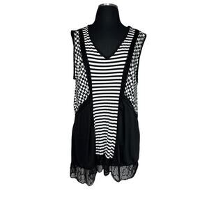 Aster by Firmiana Sleeveless Tunic Top Stripes Checkered Lace Tie Back Size 1X